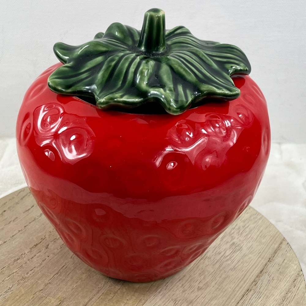 House of Webster Strawberry Cookie Jar Ceramic Red Green 6” Collectible Canister